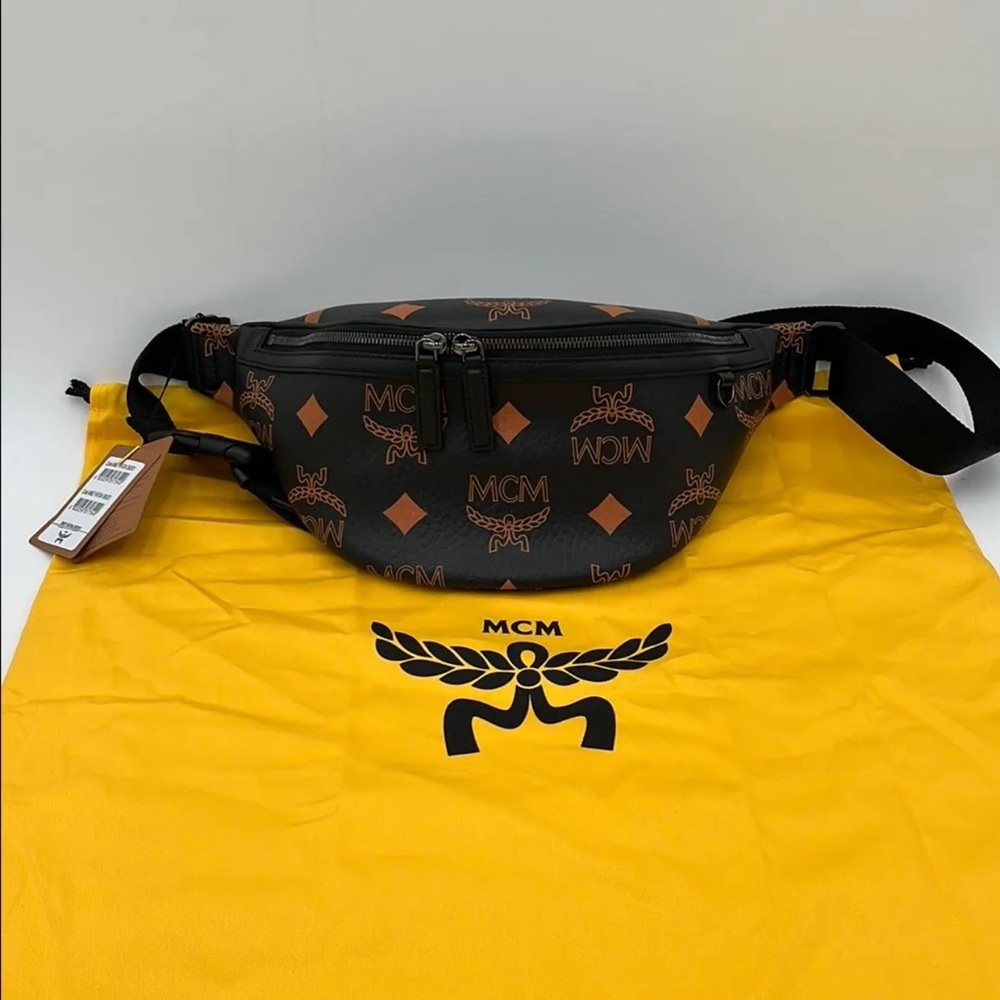 MCM Black and Orange Belt Bag authentic NWT leather dust bag included